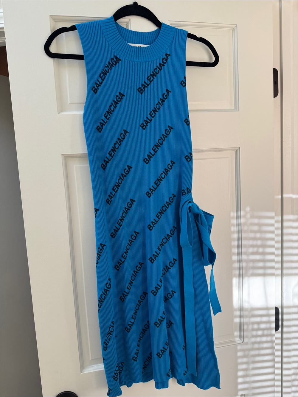 Balenciaga Bright Blue Logo Ribbed Midi Skirt with Side Tie